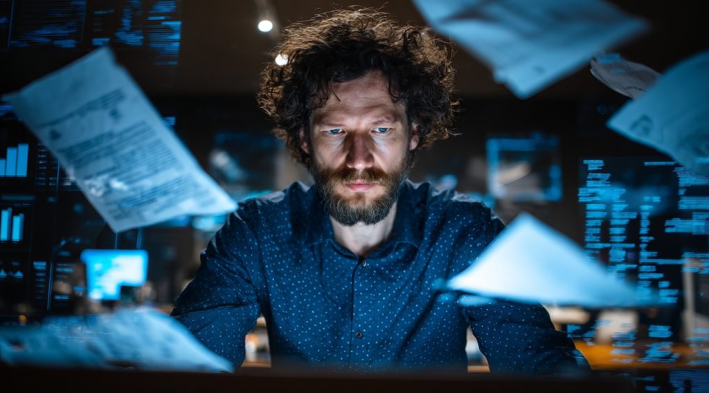 a bearded man staring down at a computer with papers floating all around him