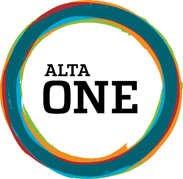 ALTA ONE circular logo featuring colorful brush stroke rings in teal, orange, red, and green enclosing black text reading ALTA ONE