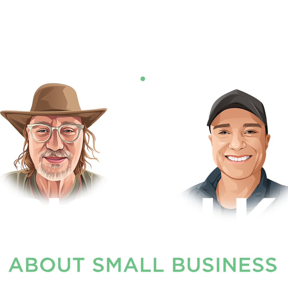 Caricature illustration logo for the Big Talk About Small Business podcast featuring two smiling hosts against a white background with green lettering.
