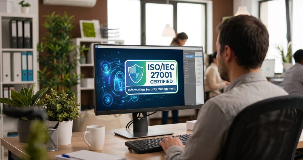 An employee in a busy office viewing a colorful digital certification badge on their desktop monitor that reads "ISO/IEC 27001 Certified, Information Security Management" with digital padlock and shield graphics.