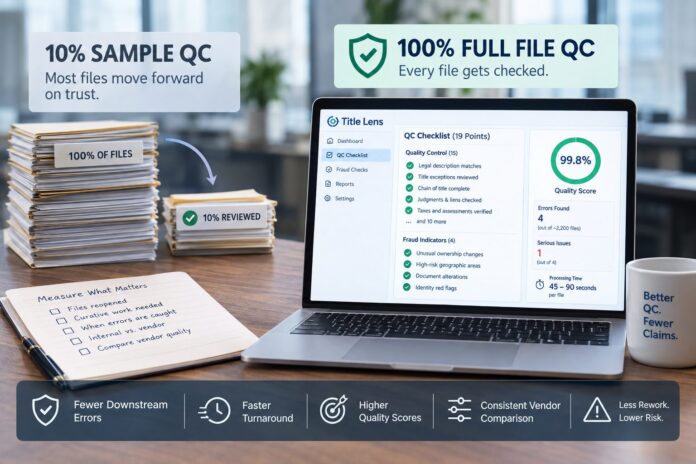 Laptop displaying Title Lens software comparing 10% sample quality control with 100% full file quality control alongside a stack of files and a notepad.