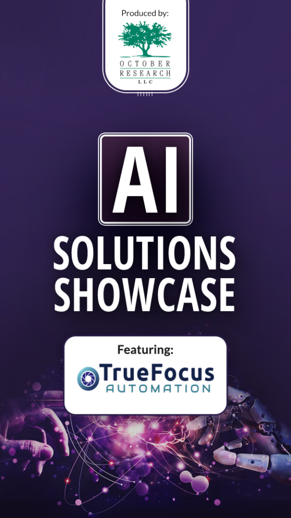 October Research AI Solutions Showcase graphic featuring the TrueFocus Automation logo and a dark purple background with neural network graphics and robotic and human hands.