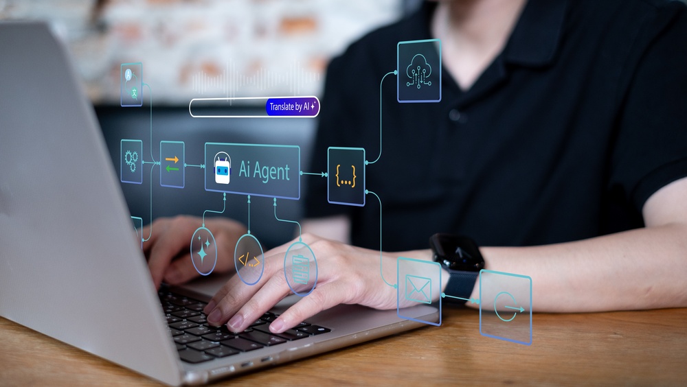 A person typing on a laptop with a digital AI agent workflow interface overlaid